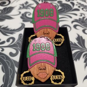 Pink & Green '1908' Wood Face Earrings with Gold QUEEN Hoops